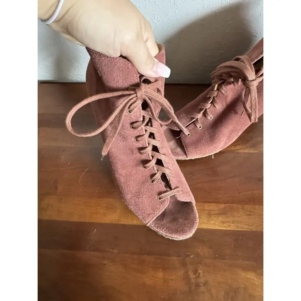 UGG Elyse Red Suede Leather Lace Up Peep Toe Ankle Boot Womens 9 Fall Harvest